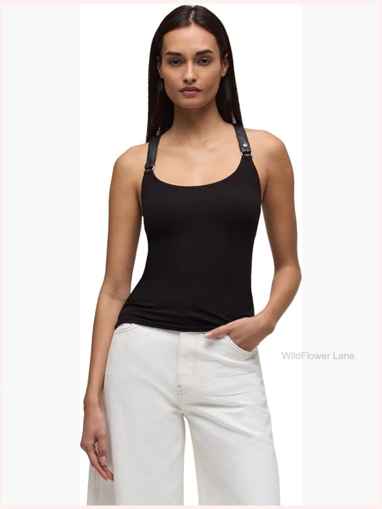 Faux Leather Strap Tank Top With Soft Rib Knit Body